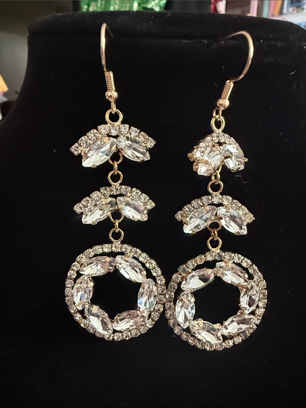 New Women’s 3” Gold Tone Clear Crystal Dangle Earrings